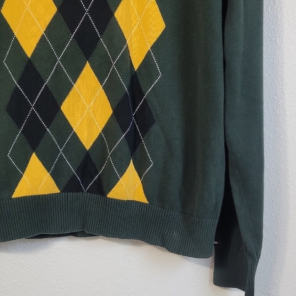 Tommy Hilfiger Men Argyle V Neck Sweater Size L Green Yellow Y2K Academia Jumper - Picture 3 of 11